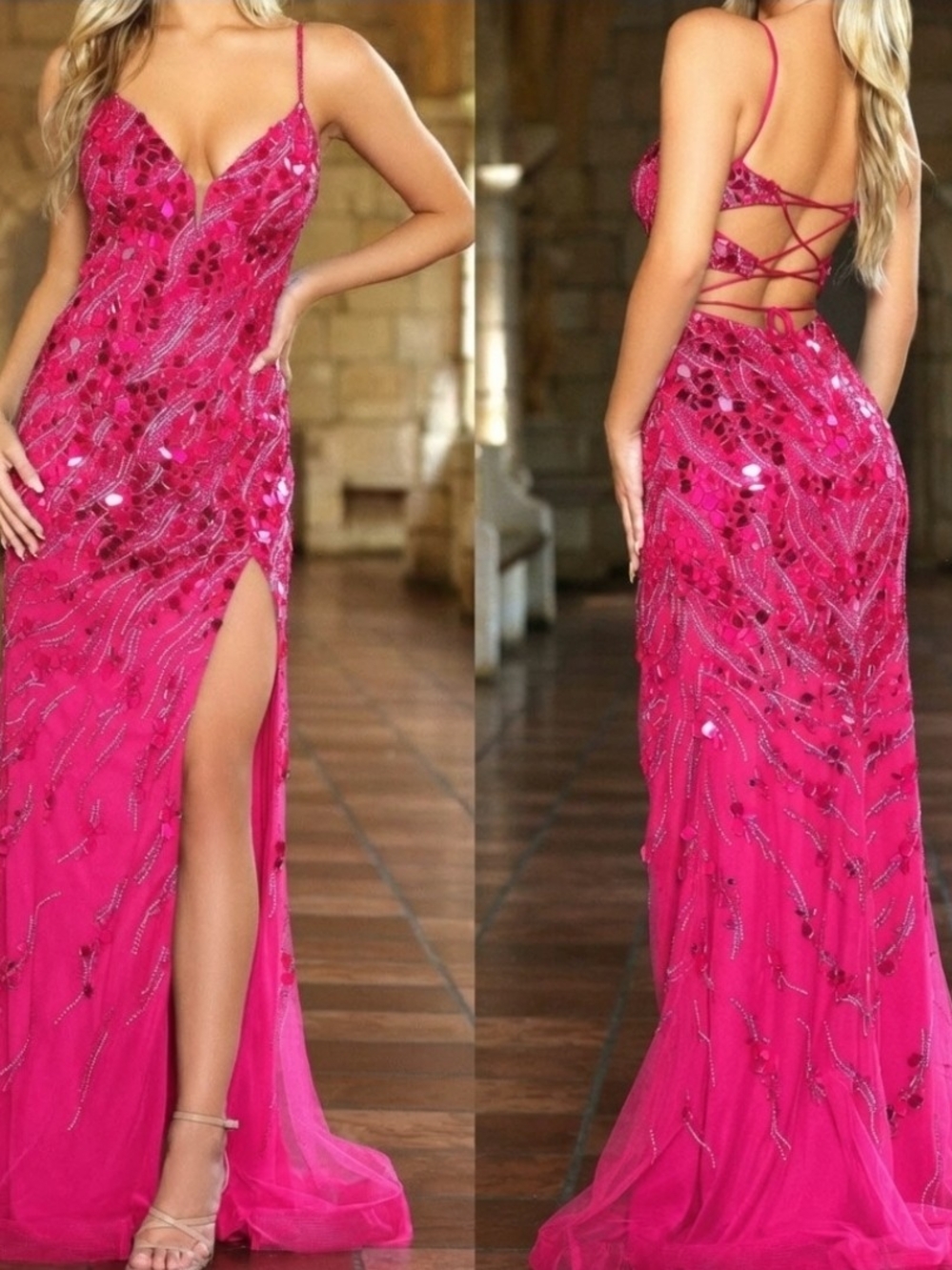 Hot Pink Sequin Prom Dress with Lace-Up Back